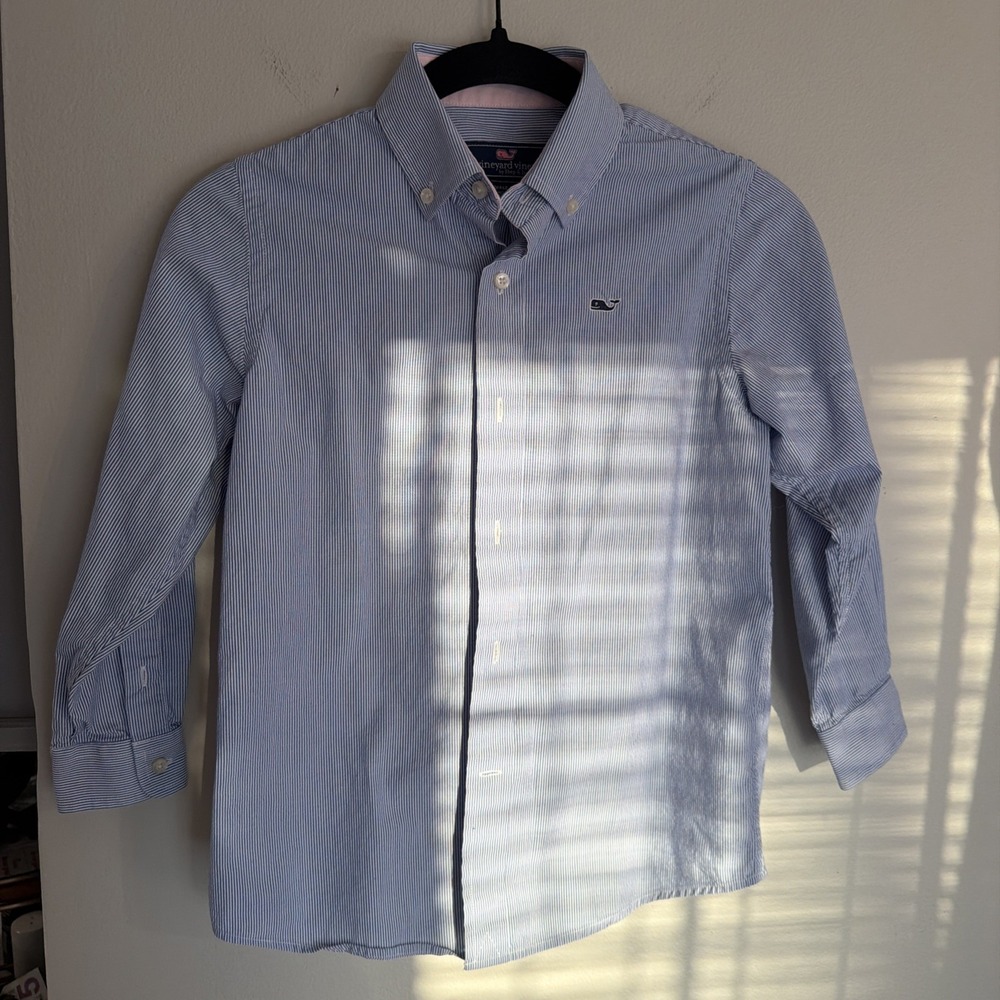 Vineyard Vines Boys Blue & White Oxford Pinstripe Whale Shirt Size 6 Small